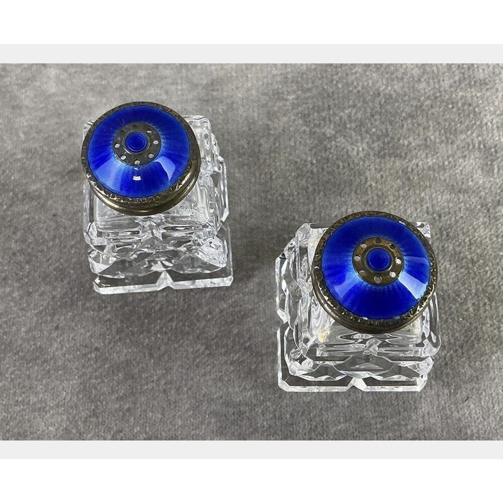 Vtg David -Anderson Cut Glass Enamel Sterling Salt & Pepper Shakers